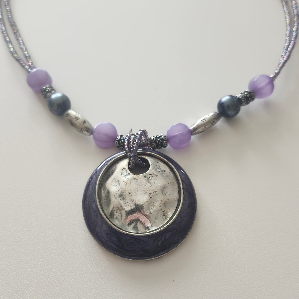 Laura Ashley Purple Beaded Necklace Hammered Metal Pendant Double Strand Jewelry
